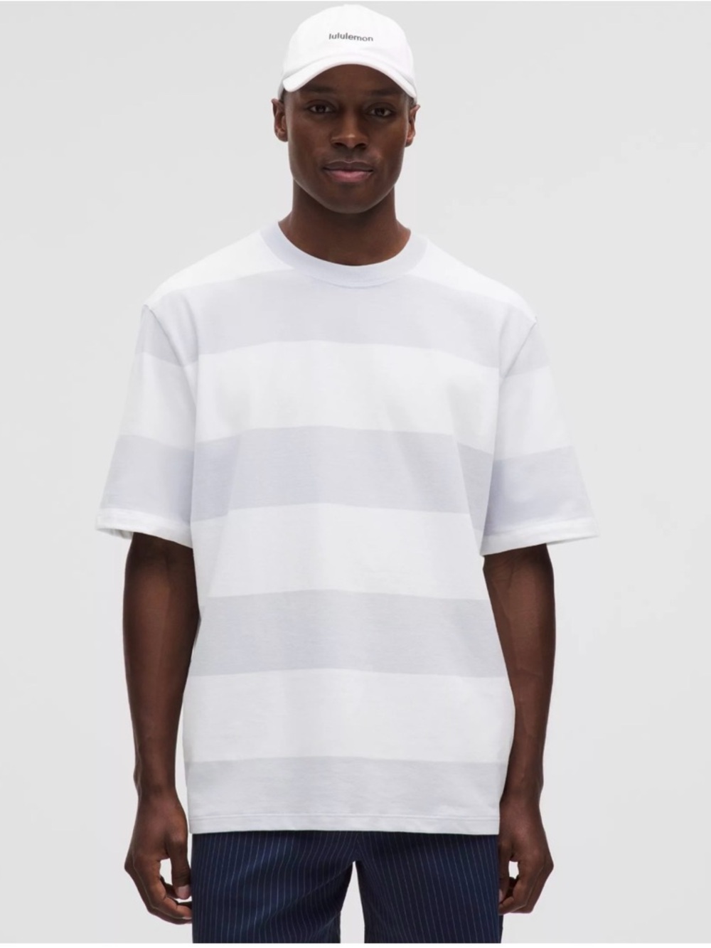lululemon athletica Men's White and Light Gray Wide-Stripe Short Sleeve Tee.